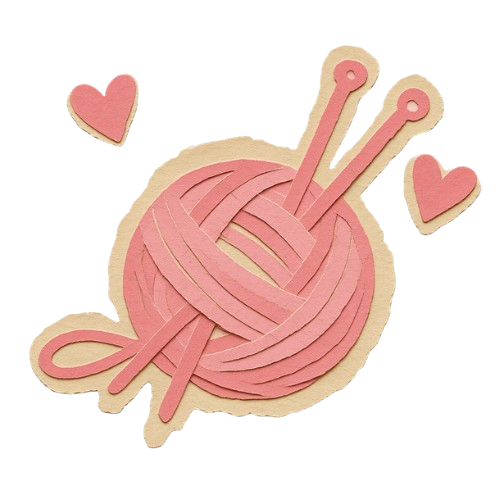 Pink paper-craft ball of yarn with knitting needles and hearts